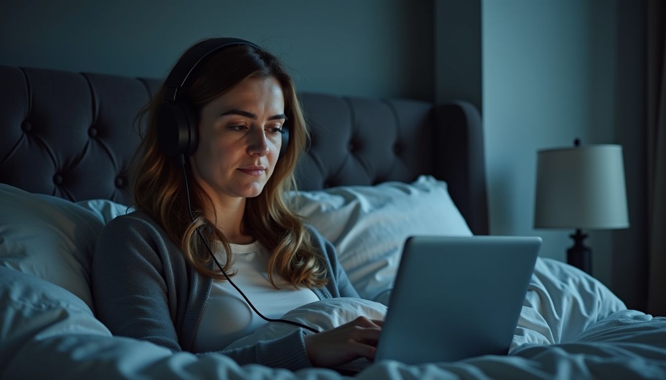 A woman tests noise-cancelling headphones for better sleep quality.