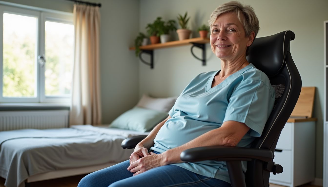 A caregiver sitting calmly in a simple bedroom with practical setup.