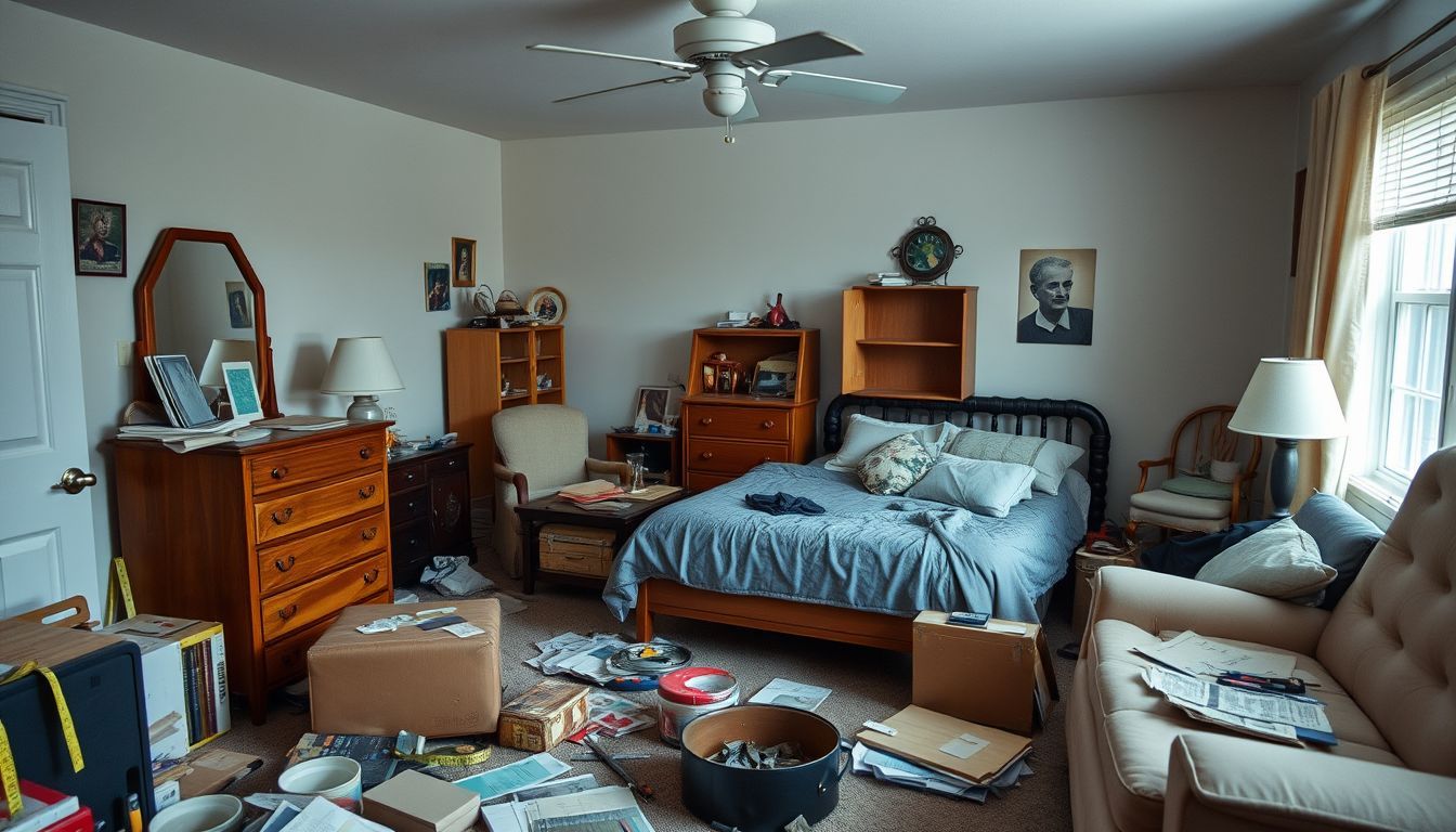 A cluttered bedroom in need of caregiver's remodel with tools and materials.