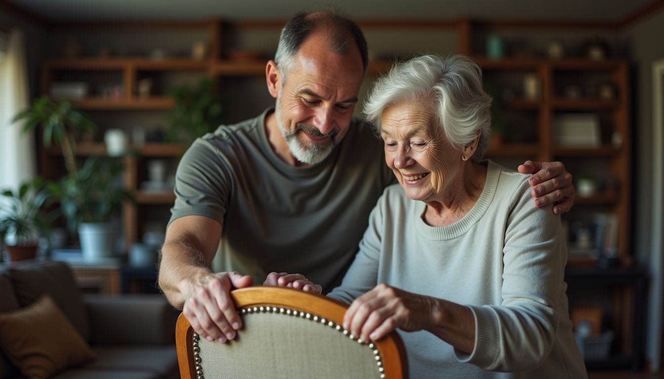 A son helps his elderly mother choose furniture for her living room.