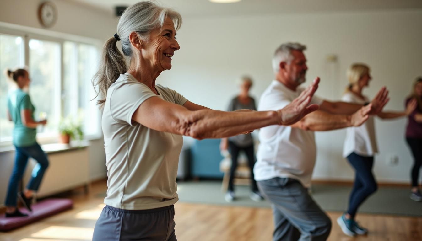 Elderly couple engaged in fitness exercises at community center gym.