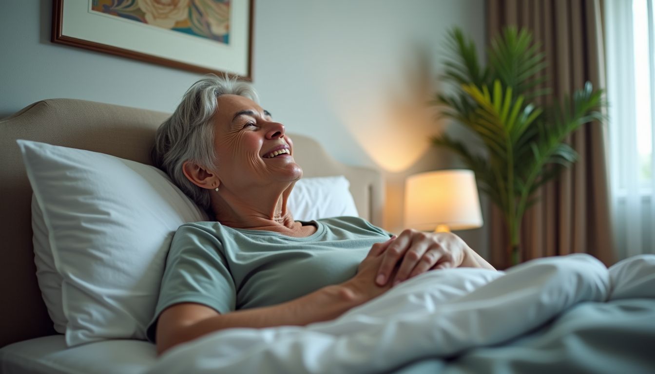 A caregiver rests in a spacious, calming, and accessible bedroom.