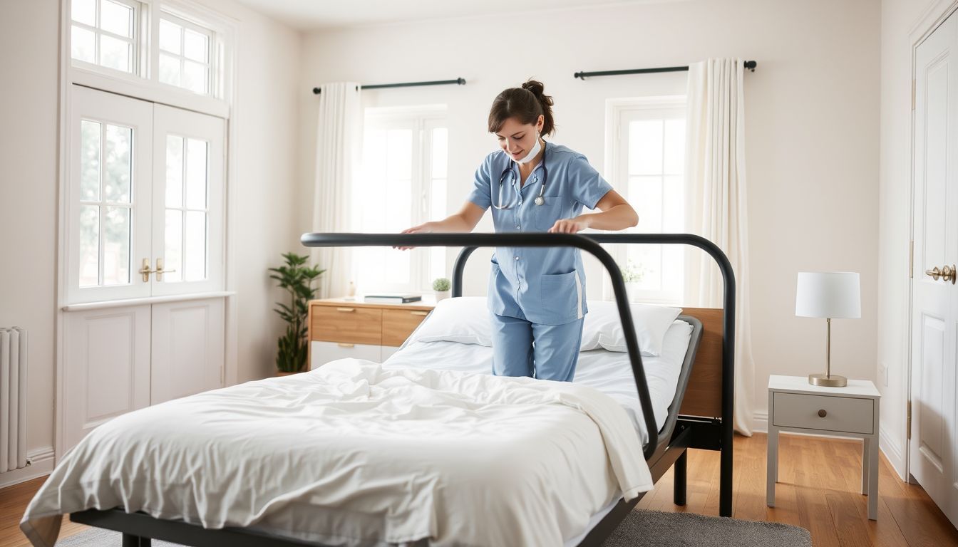 Caregiver adjusting bed frame in bright, spacious bedroom.