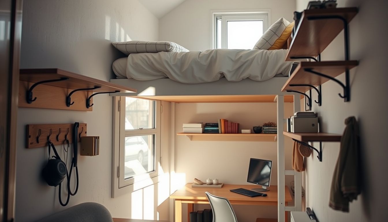 A small studio apartment with loft bed and workspace, muted tones.