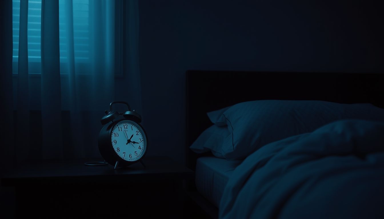 A low-light photo of a cozy bedroom at night with a clock on the nightstand.