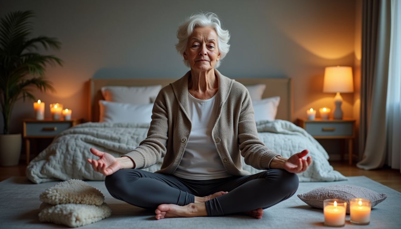 An elderly woman practices yoga at home to enhance her sleep quality.