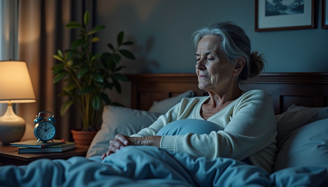 An elderly woman struggles to fall asleep in a dimly lit bedroom.