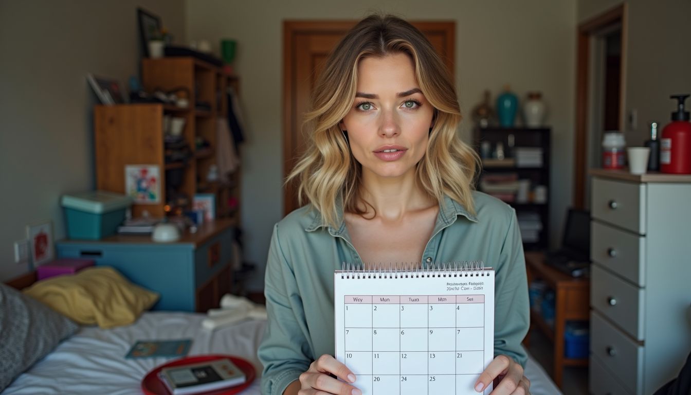 A woman in her 30s contemplates decluttering tasks in a messy room.