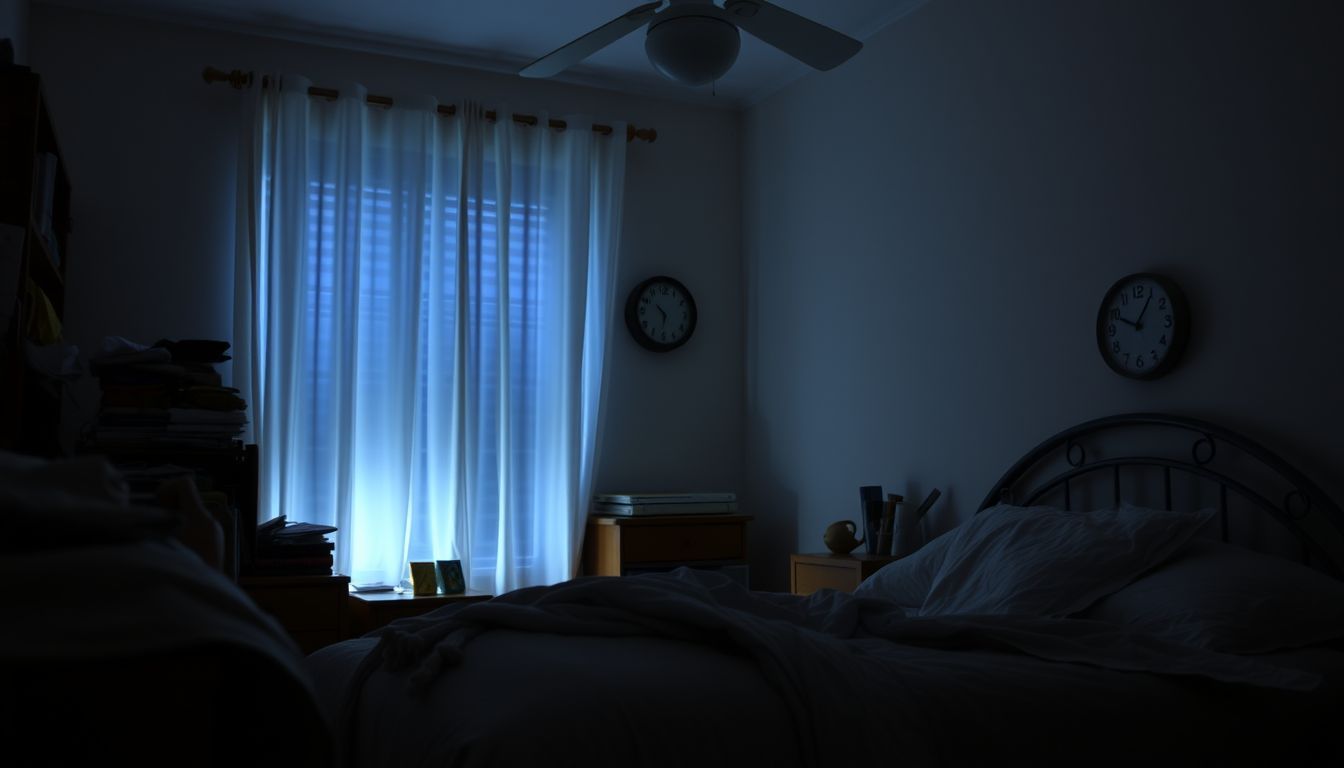 A cluttered and dimly lit bedroom with a late-night clock.