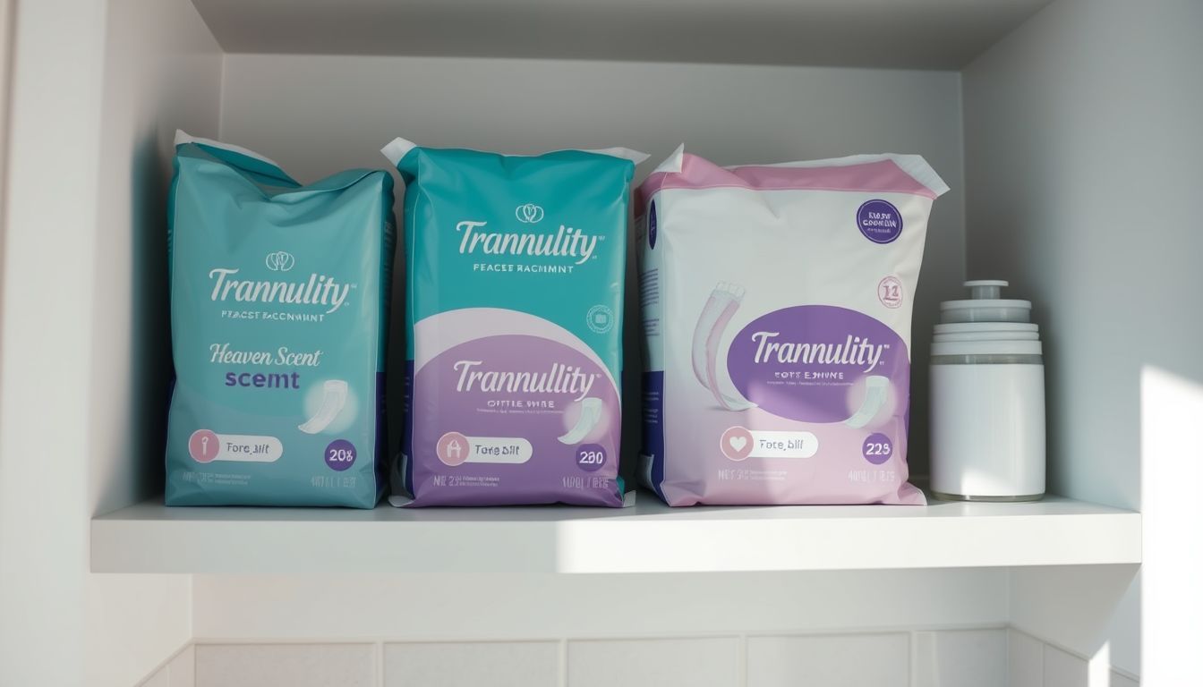 Neatly organized bathroom shelf with Tranquility and Heaven Scent incontinence products.