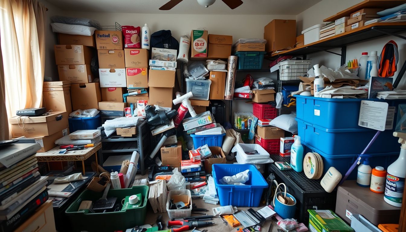 Cluttered bedroom with various storage and organization products.