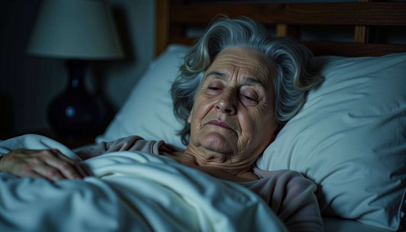 An elderly woman struggles to sleep due to dementia.