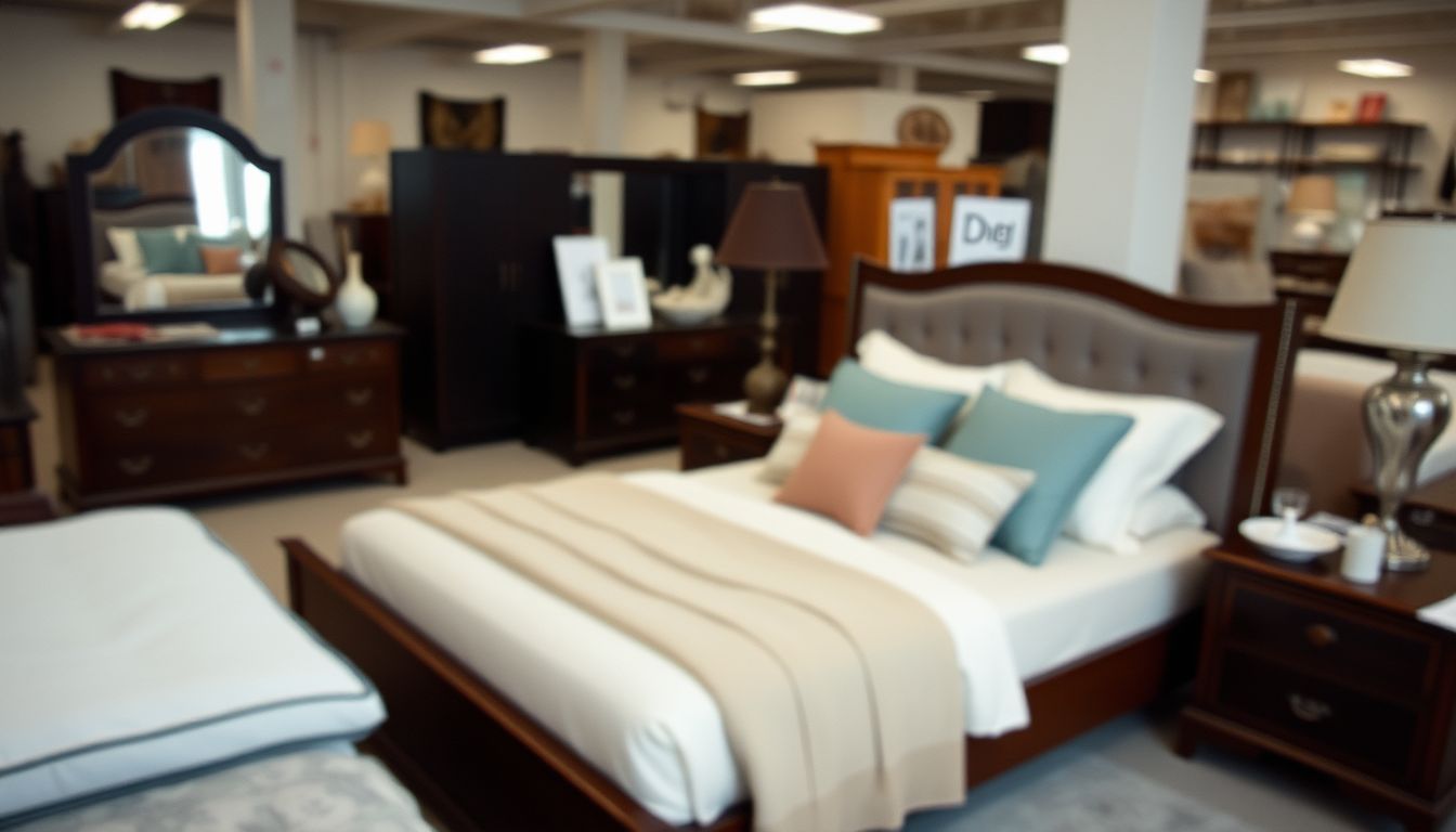 A casual photo of a customizable bedroom set in a showroom.