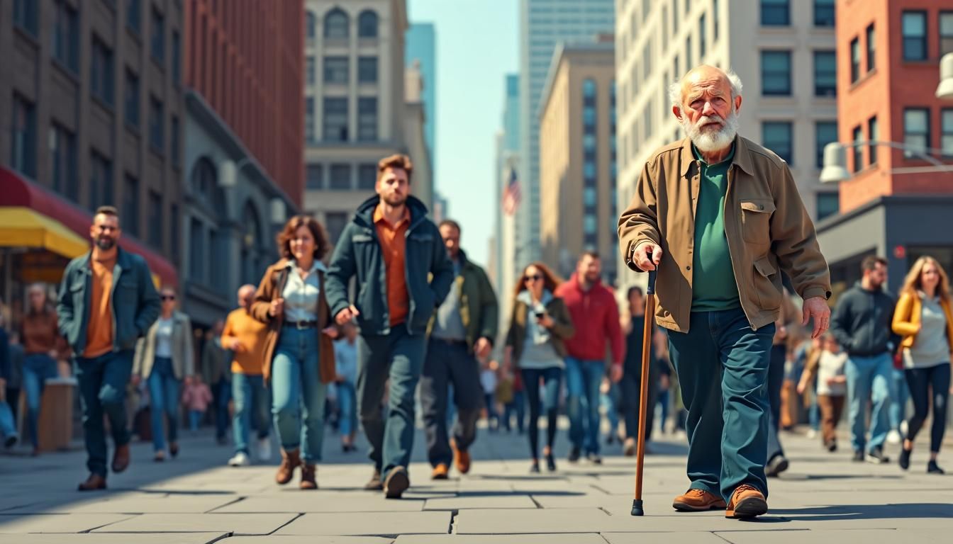 An elderly man with a cane navigates a crowded city sidewalk.