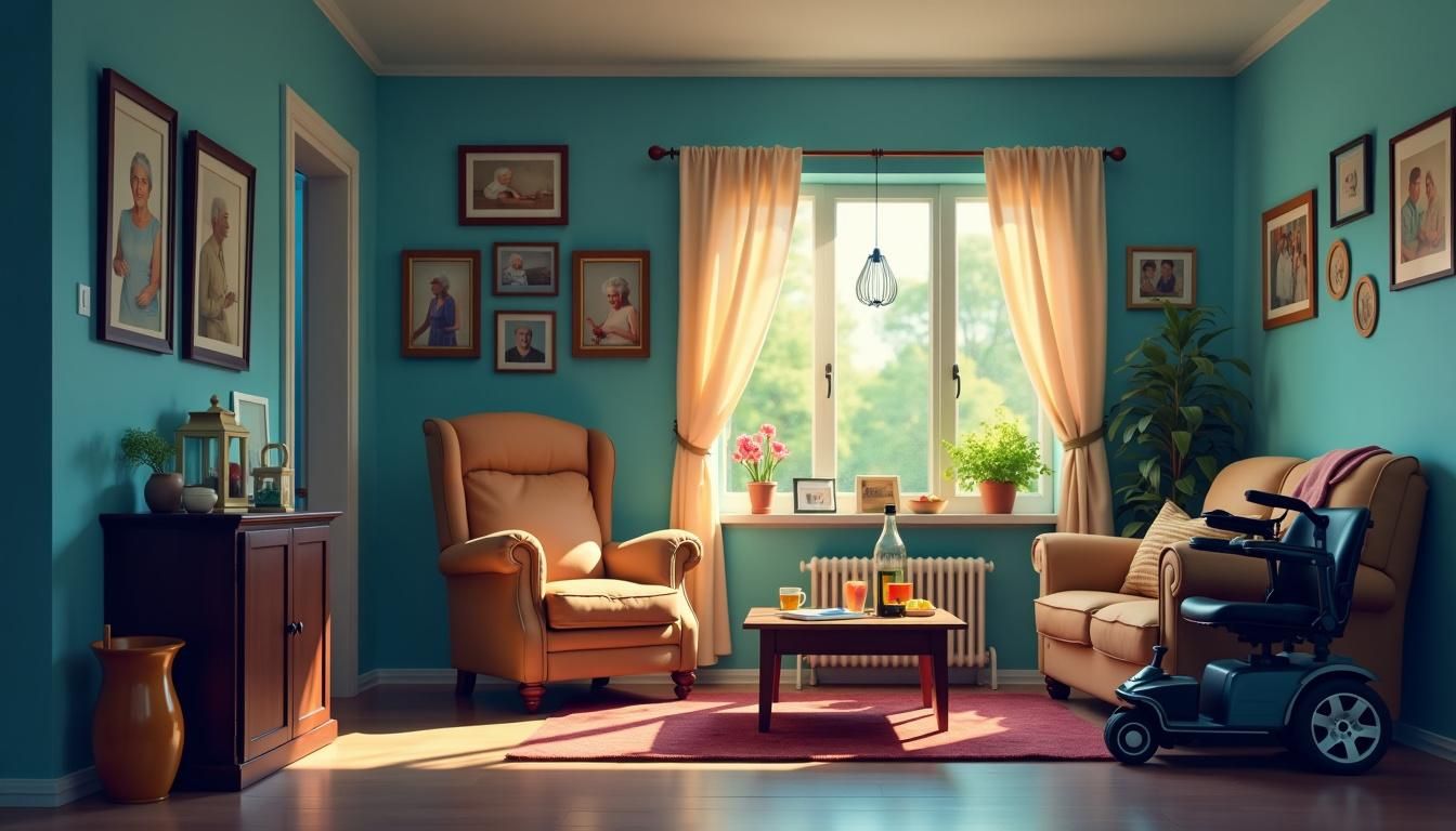 An elderly person's cozy living room with a mobility aid and family photos.