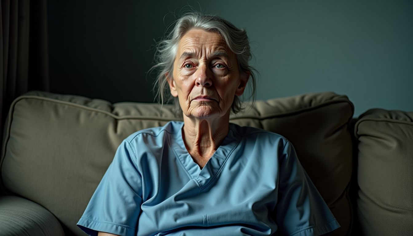 A tired caregiver resting on a sofa in a dimly lit room.