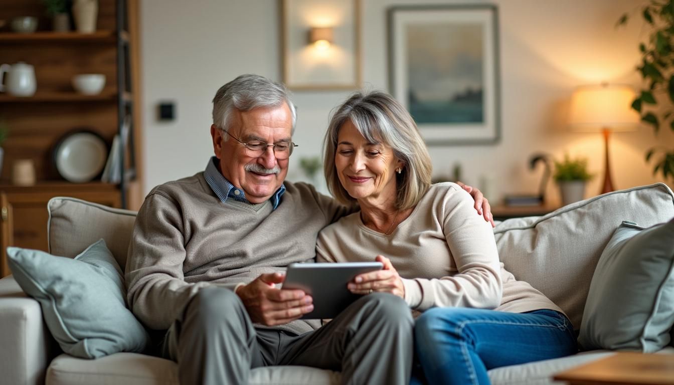 Elderly couple enjoying smart home technology in cozy living room.