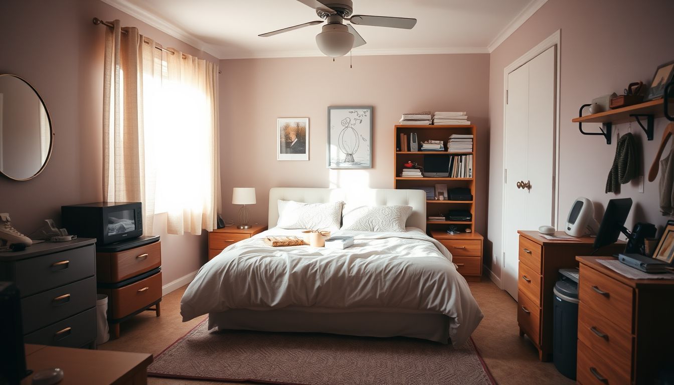 A cozy caregiver's bedroom with a well-organized, comfortable atmosphere.