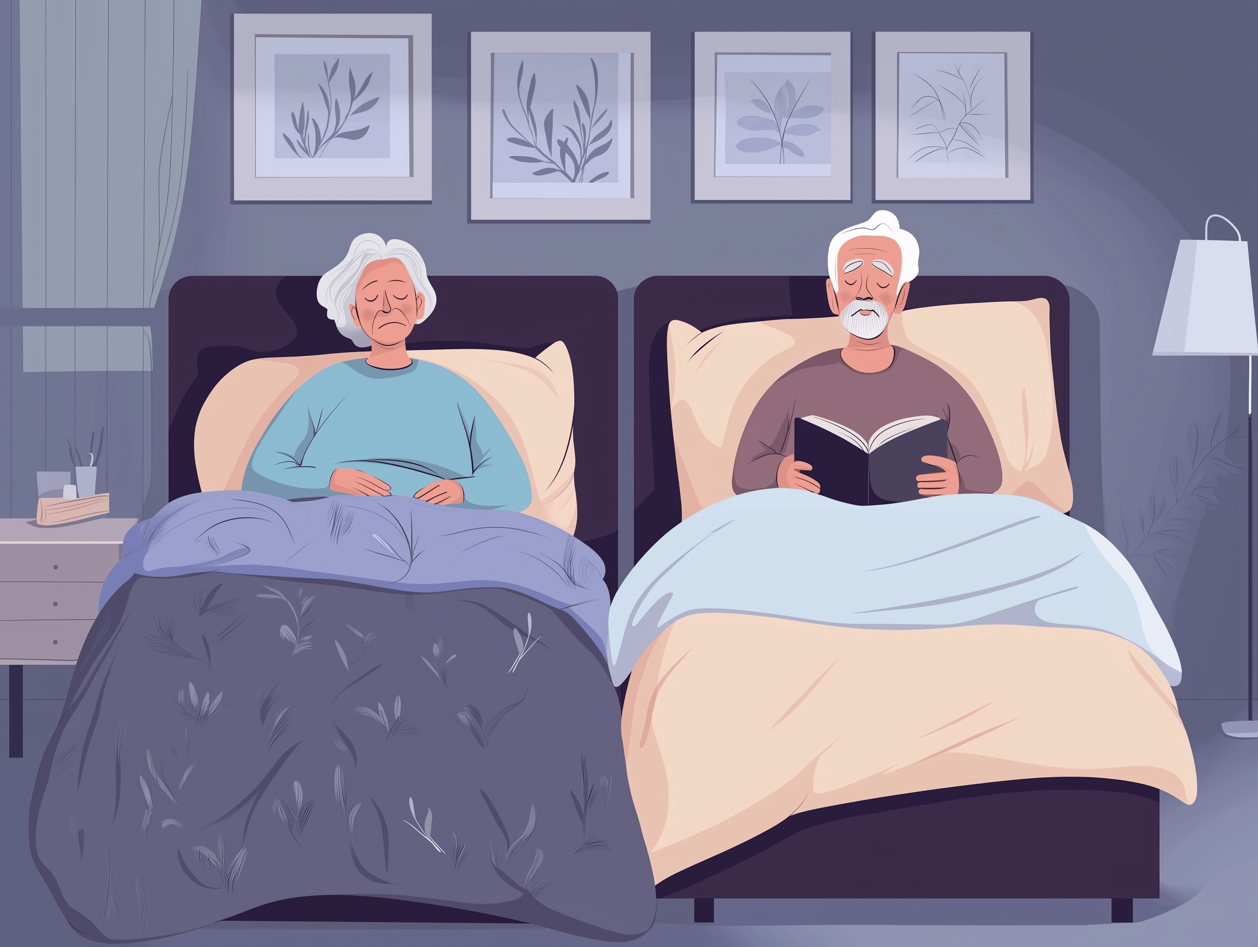 Illustration of an elderly couple in twin beds, one person sleeping while the other reads a book. The room is softly lit with framed nature artwork on the wall and a floor lamp beside the beds. The scene emits a calm and cozy nighttime atmosphere, addressing common sleep issues for elderly people. | Bed For Seniors