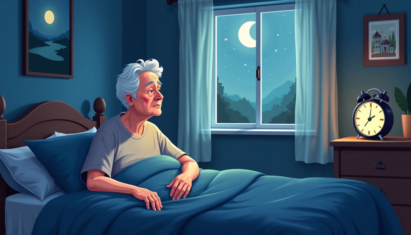 An elderly person sits in a bedroom, unable to sleep.