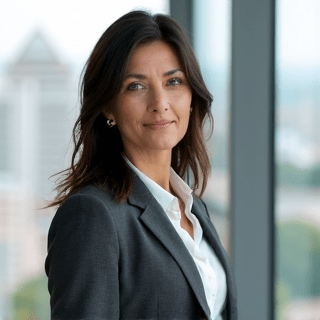 A confident woman with dark hair smiles softly, wearing a dark grey blazer and white shirt. She stands in front of large windows overlooking an urban landscape with tall buildings, possibly discussing innovations like beds for seniors to enhance comfort and support. | Bed For Seniors