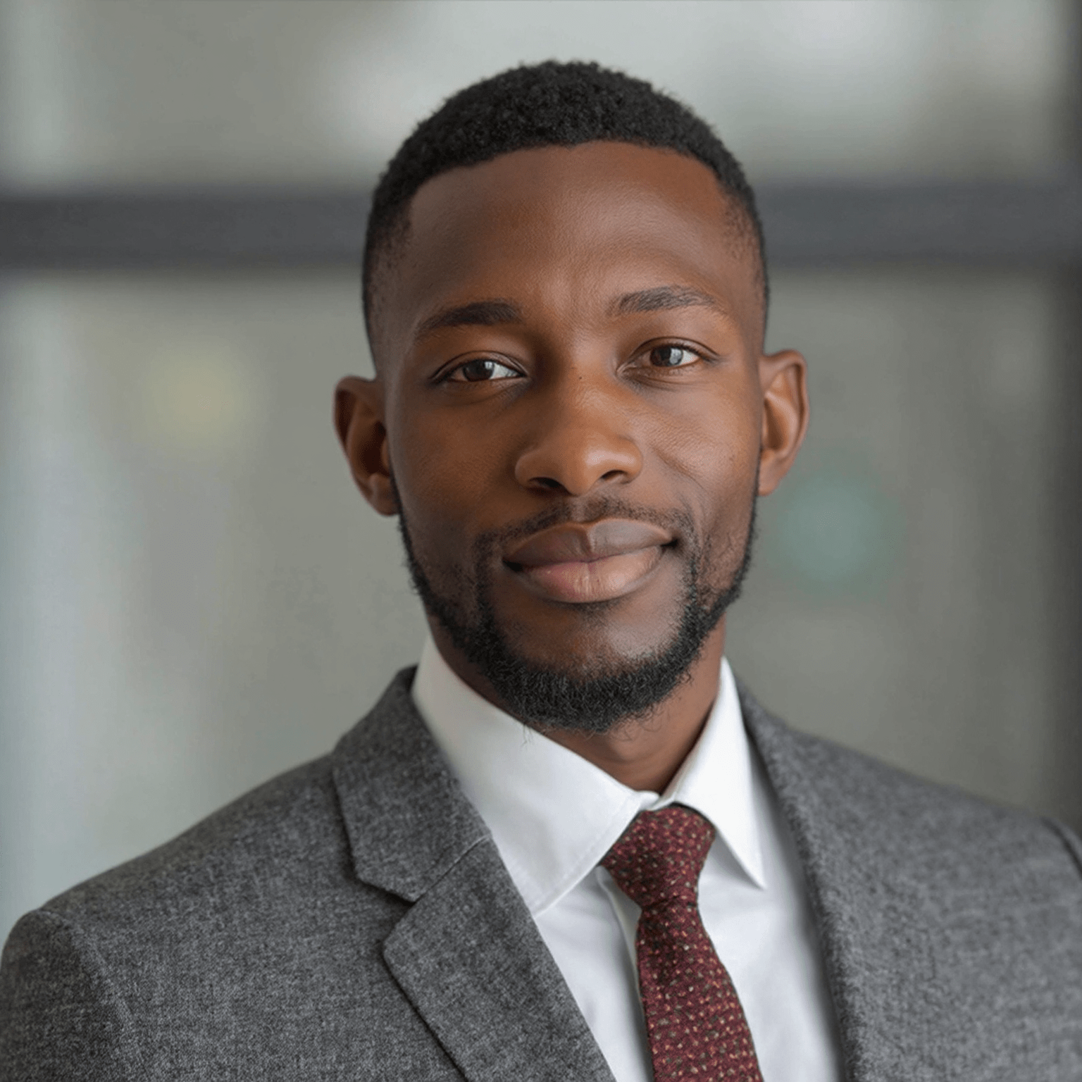 A man with short hair and a beard is smiling slightly. He is wearing a gray suit jacket, white shirt, and red patterned tie. The background features a bed for seniors, blurred with muted colors to create a professional setting. | Bed For Seniors