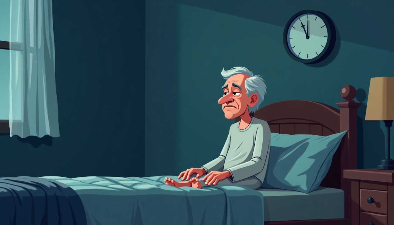 An elderly person sits alone on a bed at night.