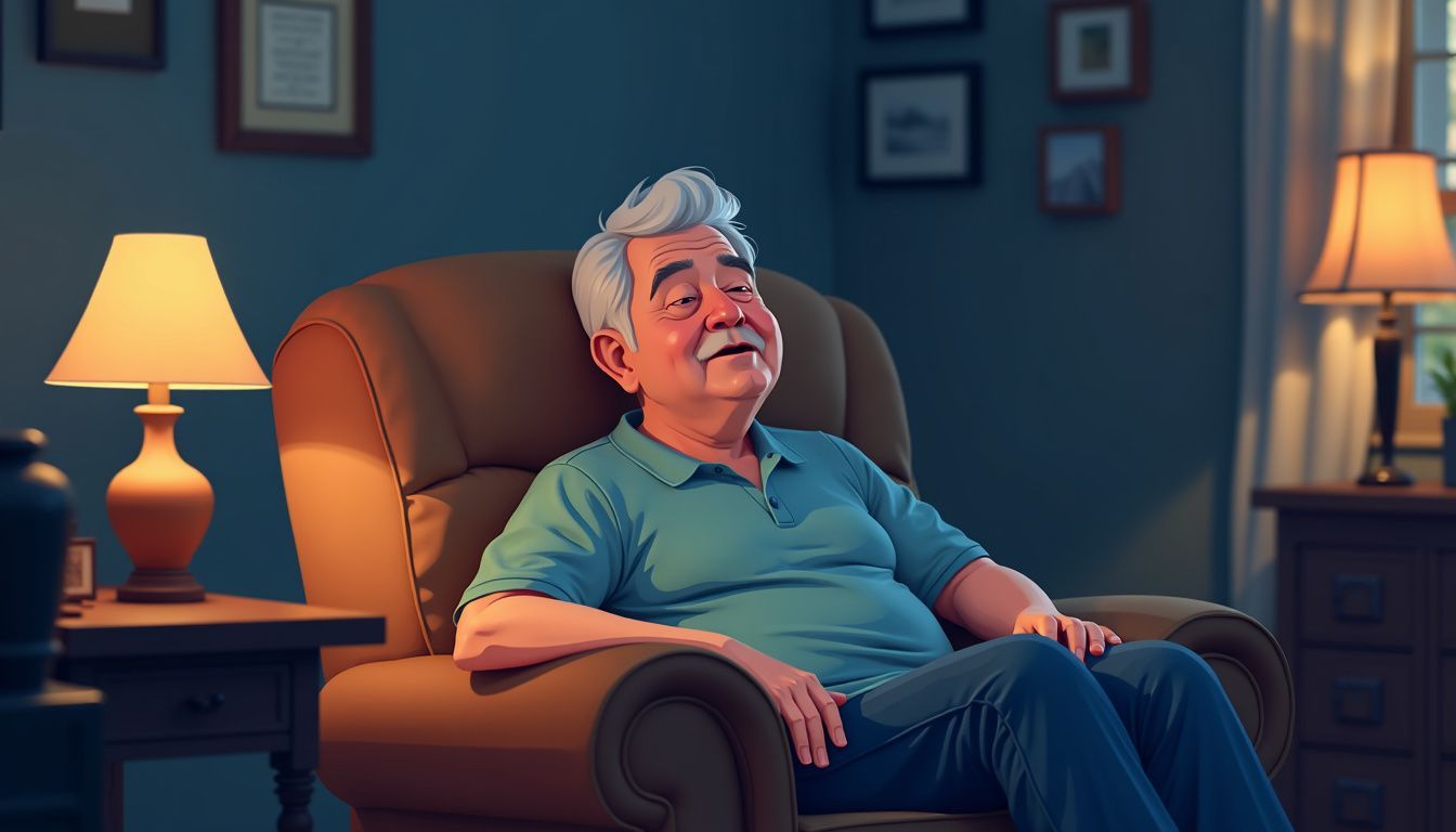 An elderly man sits tiredly in a recliner at night.