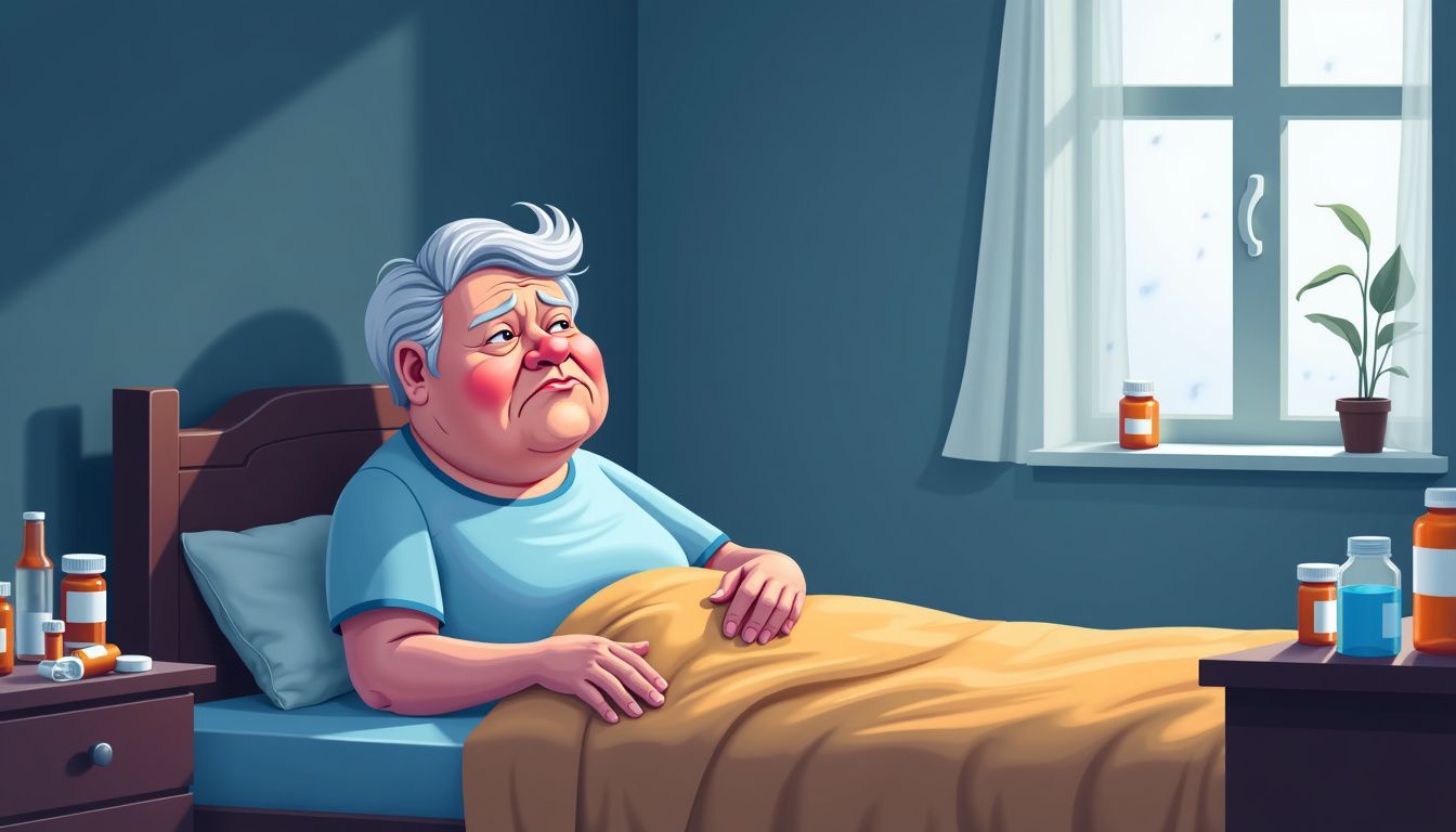 An elderly person struggles with health issues and finding rest.