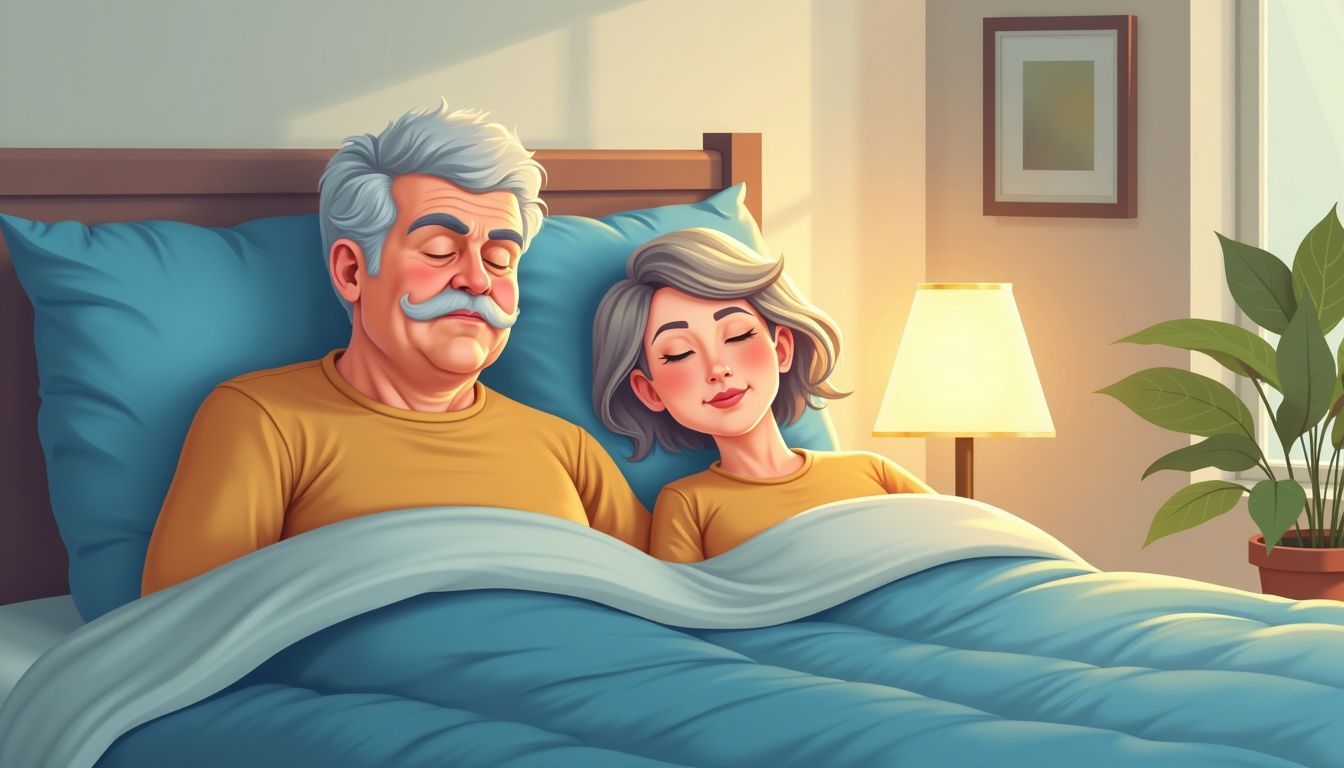 Elderly couple peacefully sleeping in cozy bedroom.