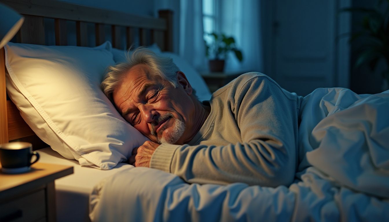 An elderly man peacefully sleeps in a comfortable bedroom.