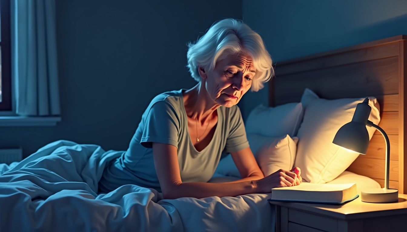 An elderly woman sits on bed at night with a book.