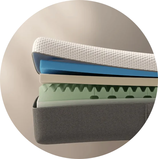 A cross-sectional image of a mattress ideal as a bed for seniors shows multiple layers. The top layer is a white, textured fabric; underneath it, a blue layer followed by a beige layer, a green convoluted foam layer, and a base layer encased in dark gray fabric. | Bed For Seniors