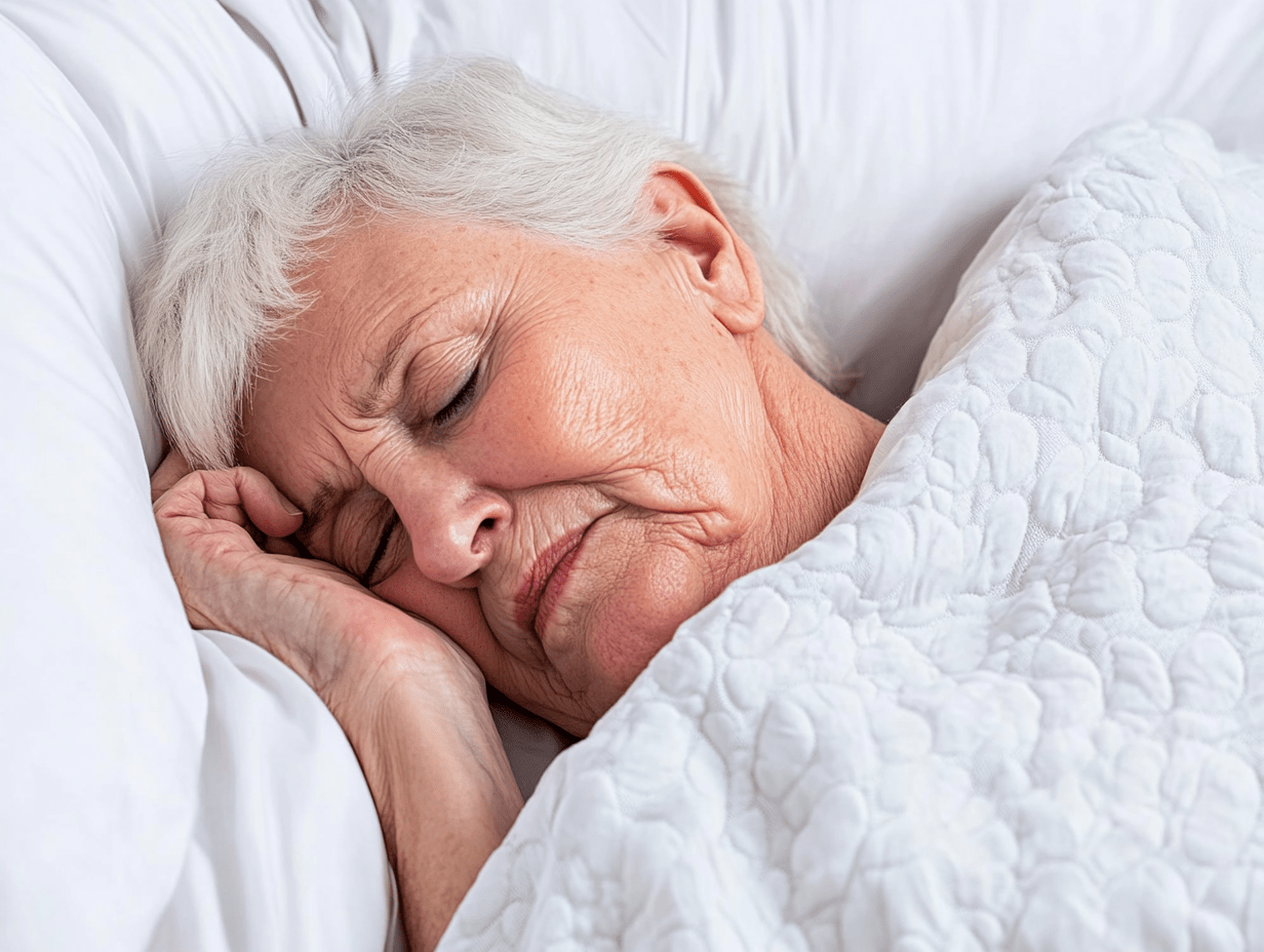 Elderly person with short white hair sleeping peacefully in a bed, partially covered by a white quilted blanket, with a serene expression on their face—a rare moment of rest amidst common sleep issues many seniors face. | Bed For Seniors