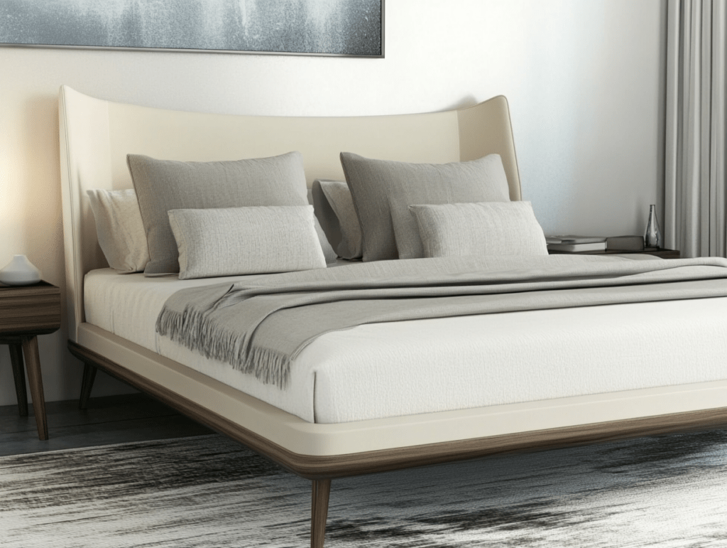 A minimalist bedroom features a low-profile bed with a sleek, light wood frame. The bed is dressed in neutral-toned linens with several neatly arranged pillows and a throw blanket. A nightstand with a small lamp and decorative items sits beside the bed. A large abstract painting hangs above. | Bed For Seniors