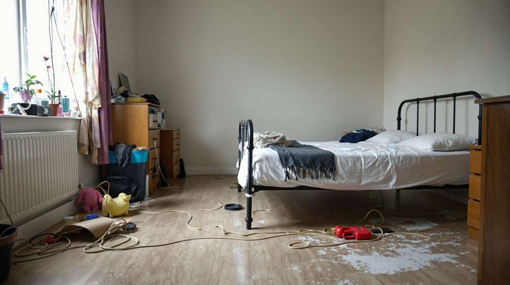 cluttered floor and bed